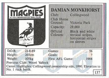 1992 AFL Regina #137 Damian Monkhorst Back